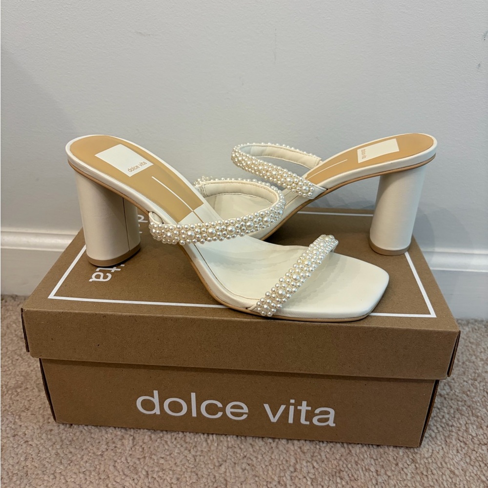 Dolce Vita Pearl-Trim White Block Heel Sandals